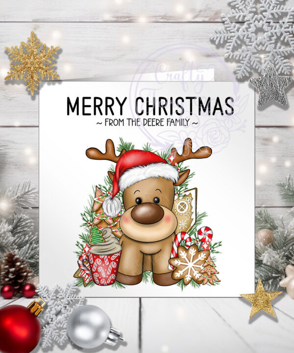personalised reindeer in red santa hat christmas card