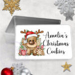personalised reindeer in red santa hat christmas medium tin