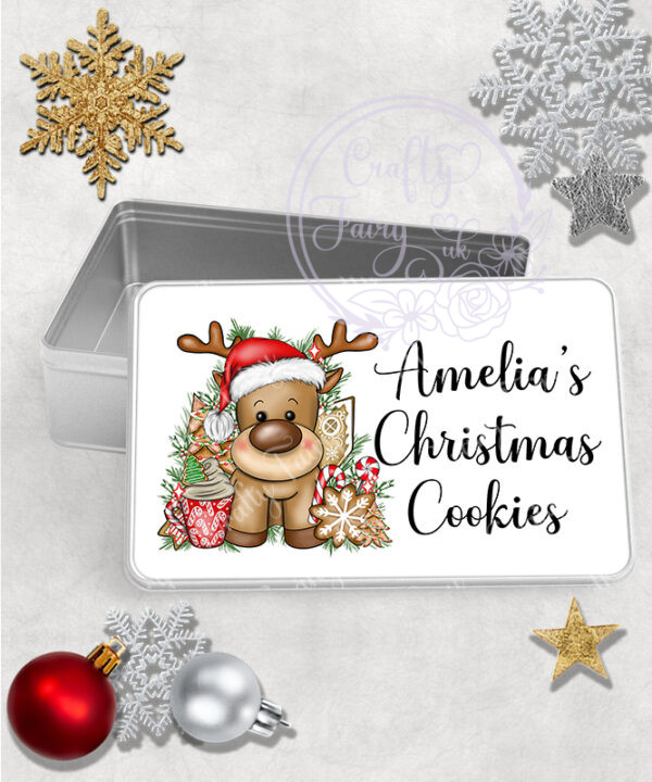personalised reindeer in red santa hat christmas medium tin