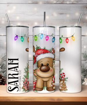 personalised reindeer in red santa hat christmas 600ml 20oz straight tumbler
