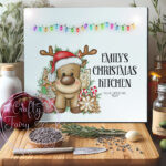 personalised reindeer in red santa hat christmas glass chopping board or worktop protector