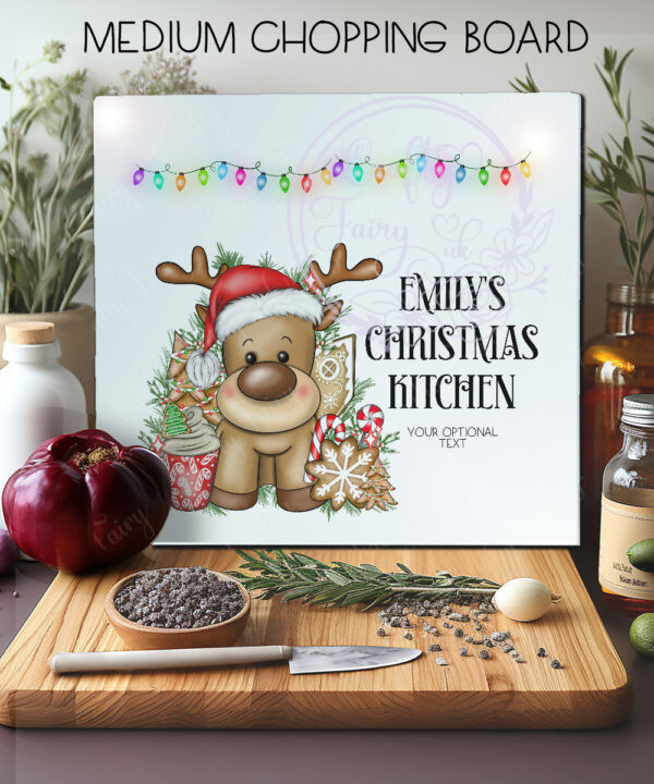 personalised reindeer in red santa hat christmas glass chopping board or worktop protector