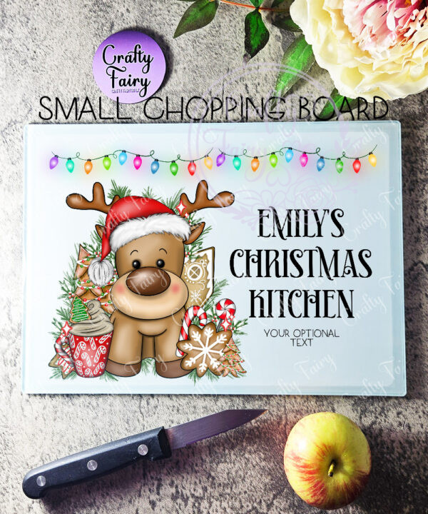 personalised reindeer in red santa hat christmas glass chopping board or worktop protector