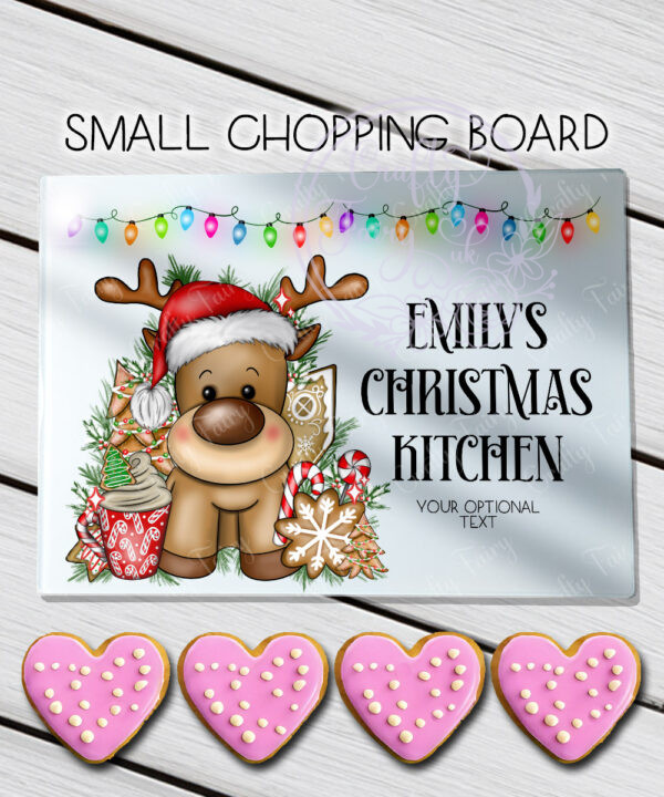 personalised reindeer in red santa hat christmas glass chopping board or worktop protector