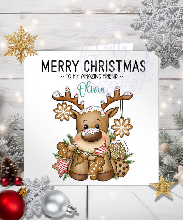 personalised iced reindeer and cookies christmas card