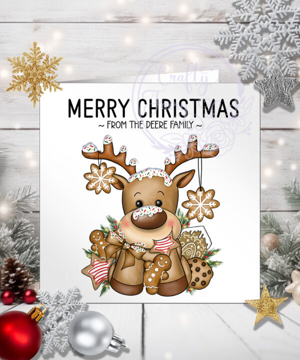 personalised iced reindeer and cookies christmas card