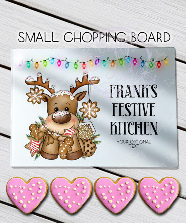 personalised iced reindeer and cookies christmas glass chopping board or worktop protector