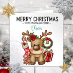 personalised reindeer and red roses christmas card