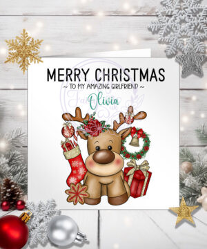 personalised reindeer and red roses christmas card
