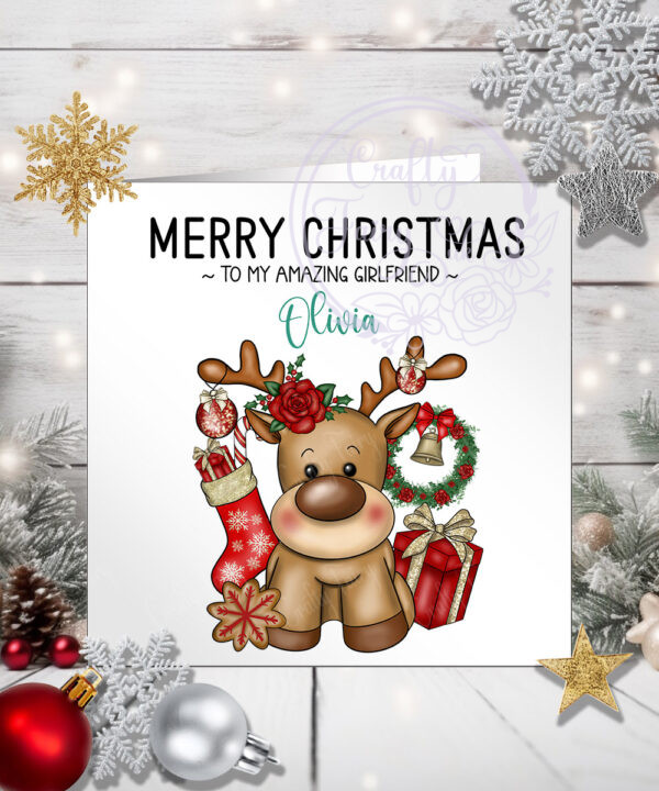 personalised reindeer and red roses christmas card