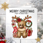 personalised reindeer and red roses christmas card