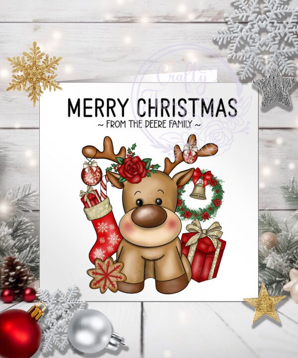 personalised reindeer and red roses christmas card
