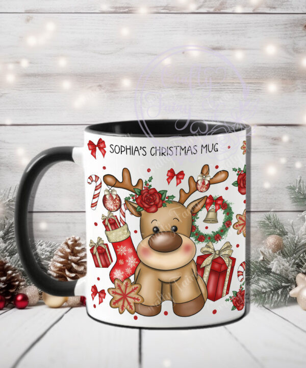 personalised reindeer and red roses christmas mug gift