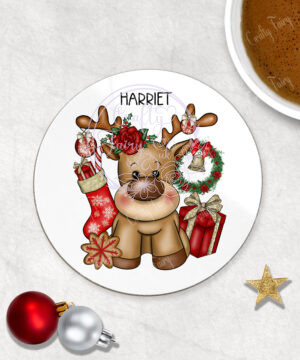 personalised reindeer and red roses christmas coaster gift