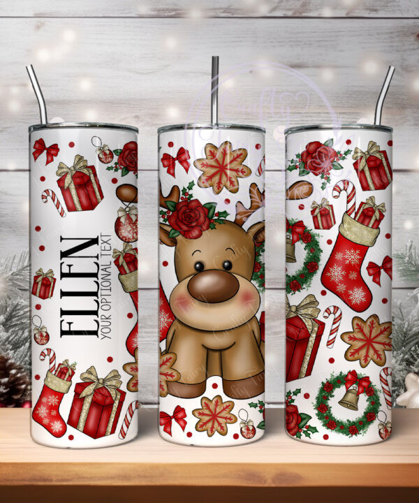 personalised reindeer and red roses christmas 600ml 20oz straight tumbler