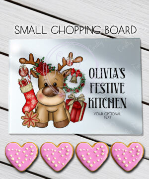 personalised reindeer and red roses christmas glass chopping board or worktop protector