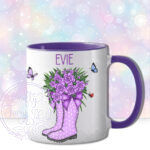personalised purple polka dot welly boots with purple roses mug gift