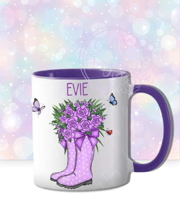 personalised purple polka dot welly boots with purple roses mug gift