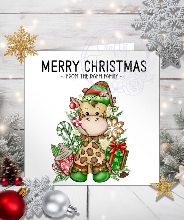 personalised giraffe elf christmas card