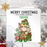 personalised giraffe elf christmas card