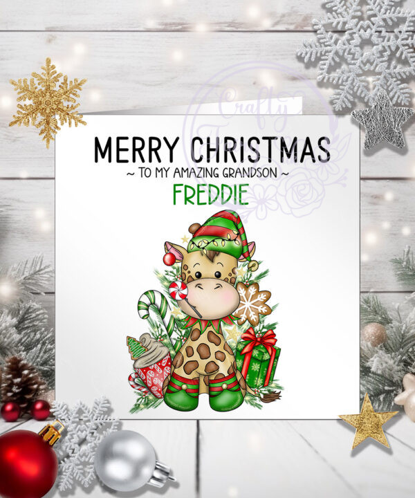 personalised giraffe elf christmas card