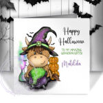 personalised witchy highland cow halloween card
