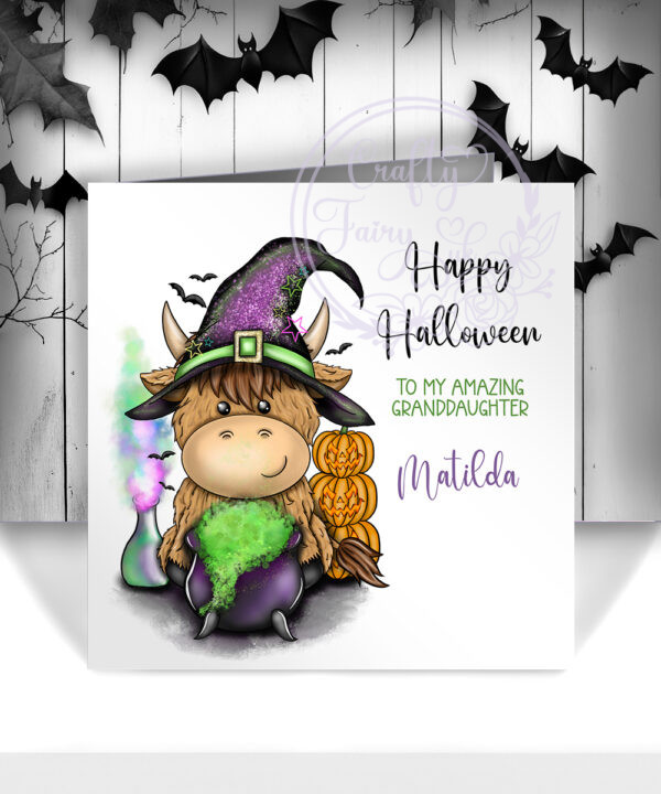 personalised witchy highland cow halloween card