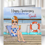 personalised cruise ship sitting lady with cocktail anniversary card