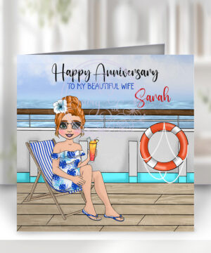 personalised cruise ship sitting lady with cocktail anniversary card