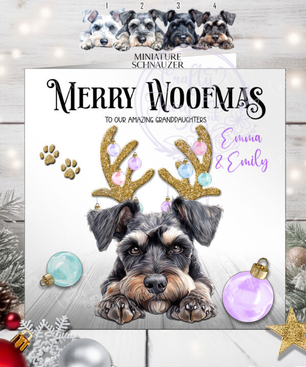 2797 miniature schnauzer personalised dog baubles christmas card 1