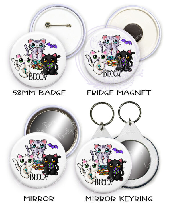 2830 personalised candy spoopy kitties halloween badge keyring 1