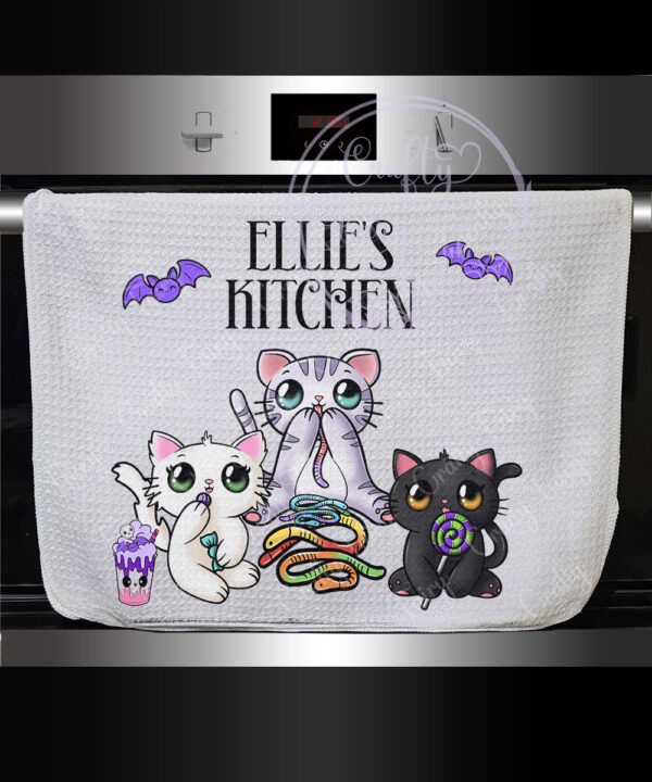 2835 personalised candy spoopy kitties halloween kitchen teatowel 1