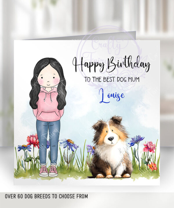 personalised doodle dog lover lady & flowers birthday card lots of dog breeds
