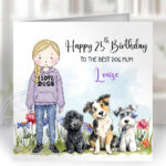 personalised doodle dog lover lady & flowers birthday card lots of dog breeds