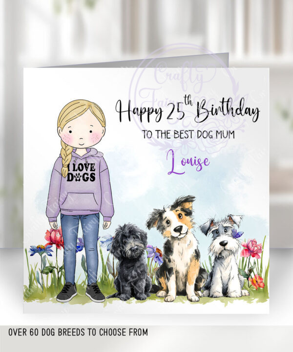 personalised doodle dog lover lady & flowers birthday card lots of dog breeds