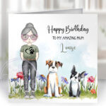 personalised doodle dog lover lady & flowers birthday card lots of dog breeds
