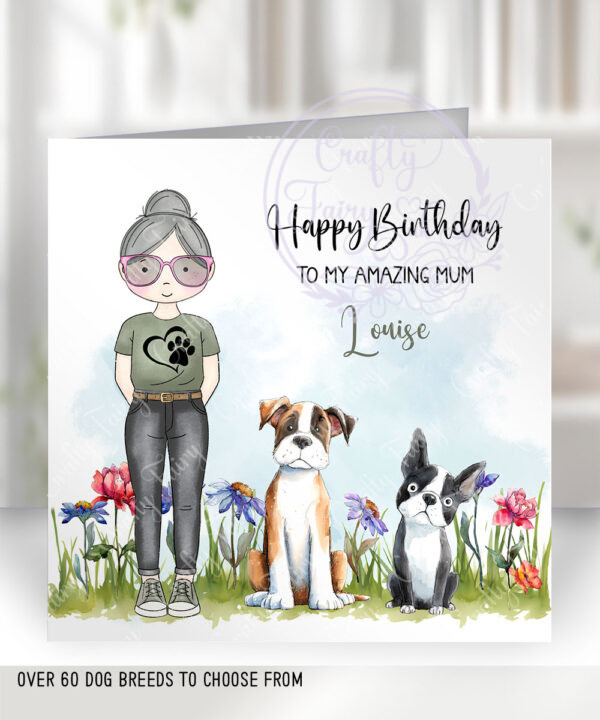 personalised doodle dog lover lady & flowers birthday card lots of dog breeds