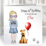 personalised doodle dog lover lady & balloons birthday card lots of dog breeds