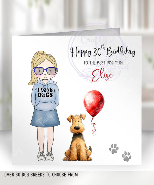 personalised doodle dog lover lady & balloons birthday card lots of dog breeds