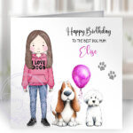 personalised doodle dog lover lady & balloons birthday card lots of dog breeds
