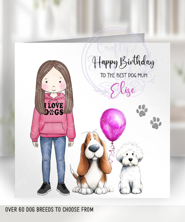 personalised doodle dog lover lady & balloons birthday card lots of dog breeds