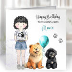 personalised doodle dog lover lady & balloons birthday card lots of dog breeds