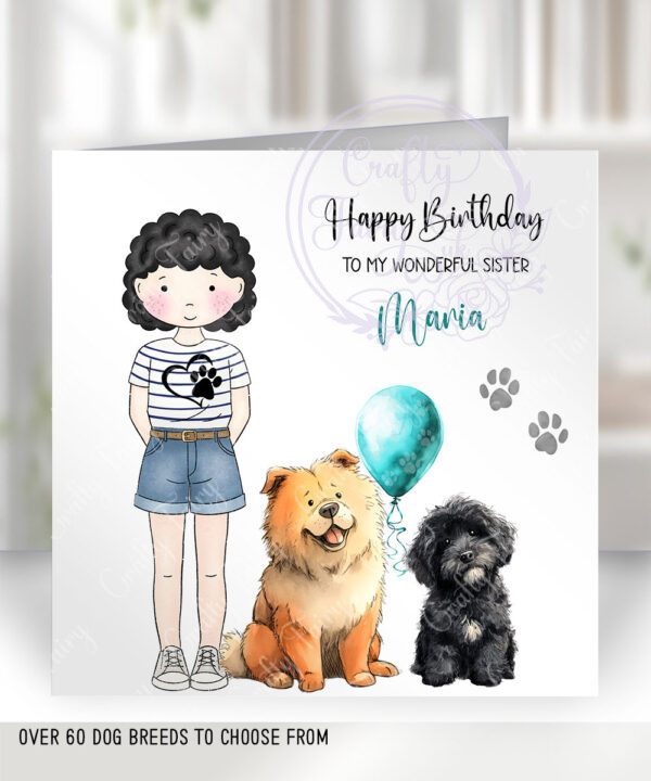 personalised doodle dog lover lady & balloons birthday card lots of dog breeds