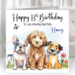 personalised doodle dog & flowers birthday card for dog owner lots of dog breeds