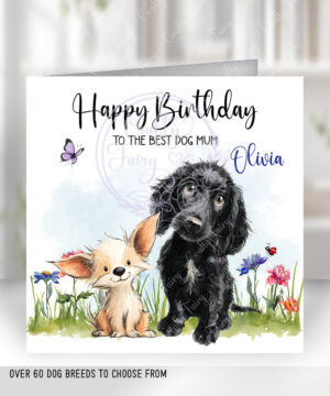 personalised doodle dog & flowers birthday card for dog owner lots of dog breeds