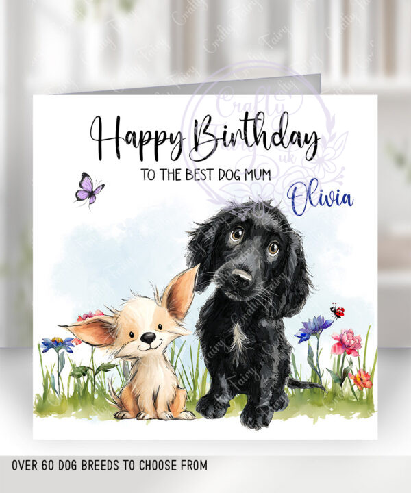 personalised doodle dog & flowers birthday card for dog owner lots of dog breeds