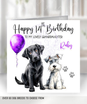 personalised doodle dog & balloon birthday card for dog owner lots of dog breeds