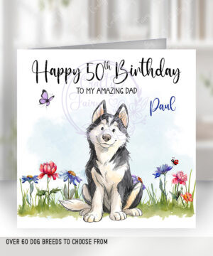 personalised husky doodle dog & flowers birthday card