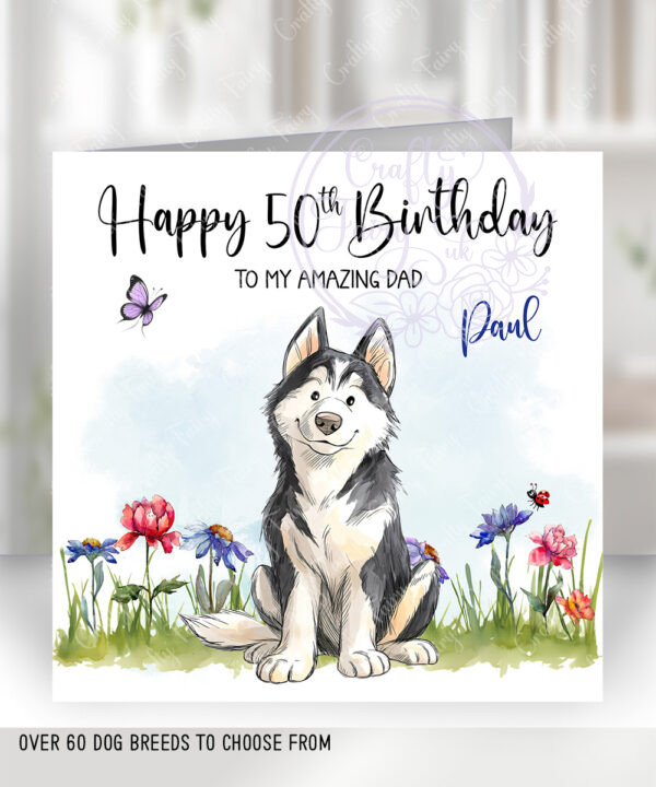 personalised husky doodle dog & flowers birthday card