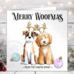 personalised doodle dog with antlers and baubles christmas card lots of dog breeds